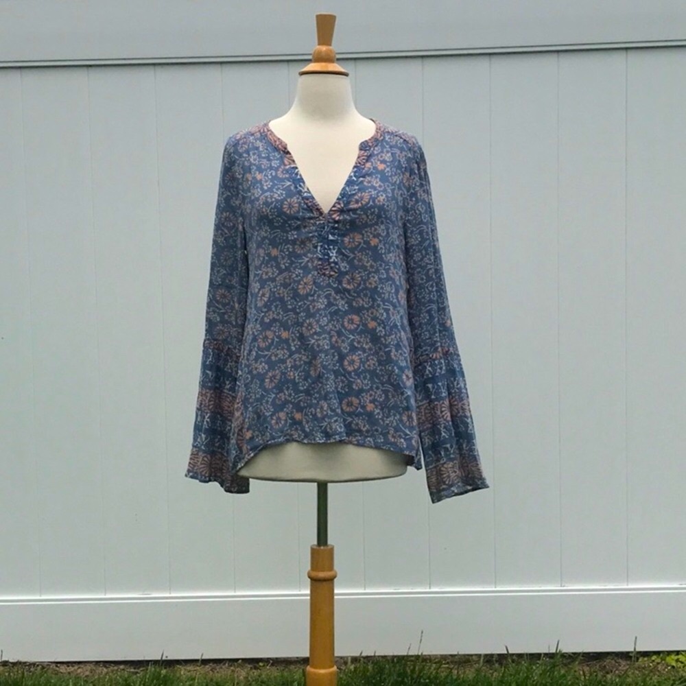 O'Neill Blue Cream Peach Dandelion Print Mandarin Collar Bell Sleeves Shirt Med